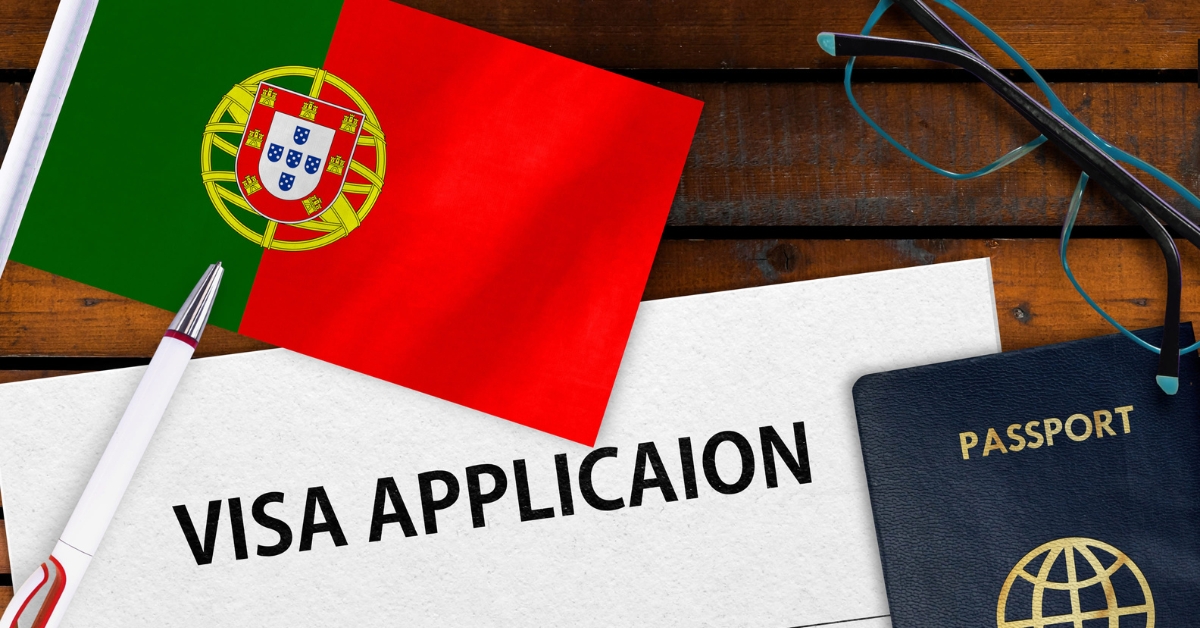 Portuguese flag, passport, and glasses next to a visa application form with a typo in "application."
