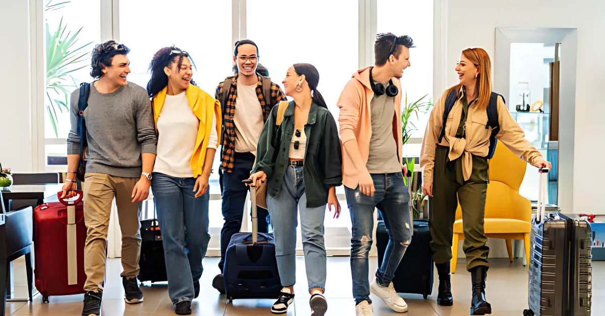 A diverse group of young adults smiling and walking indoors with luggage, suggesting they are arriving for or leaving on a trip.