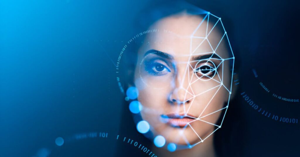 A digital facial recognition scan overlays geometric lines and data points on a woman's face against a blue background.