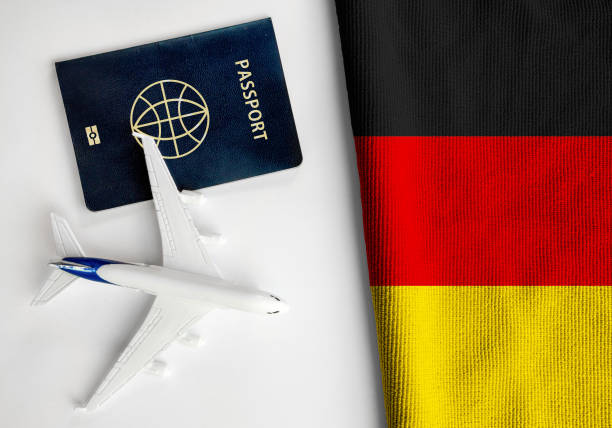 Passport and airplane placed beside the German flag, representing international travel to Germany.