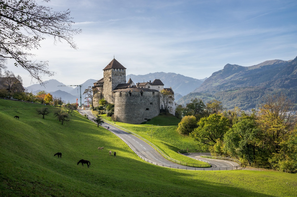 Hilltop stone castle overlooking a winding road, green fields, and mountain landscape.