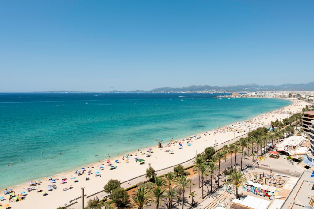 Aerial view of a long sandy beach with turquoise water, palm trees, and people relaxing along the shoreline.