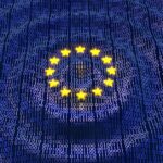 Illustration of the EU’s circle of yellow stars over undulating blue binary code representing data.