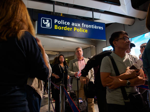 Travelers waiting in line beneath a “Border Police” sign at airport passport control.
