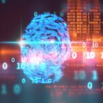 Illustration of a glowing fingerprint surrounded by binary code and digital data, representing cybersecurity and biometrics
