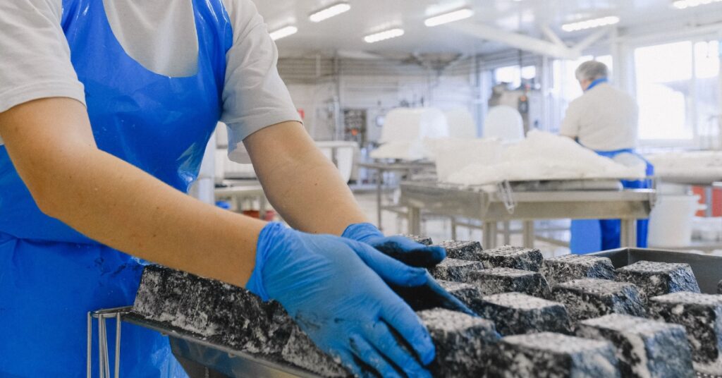 Food production worker wearing gloves arranges blocks of food on a tray in a processing facility
