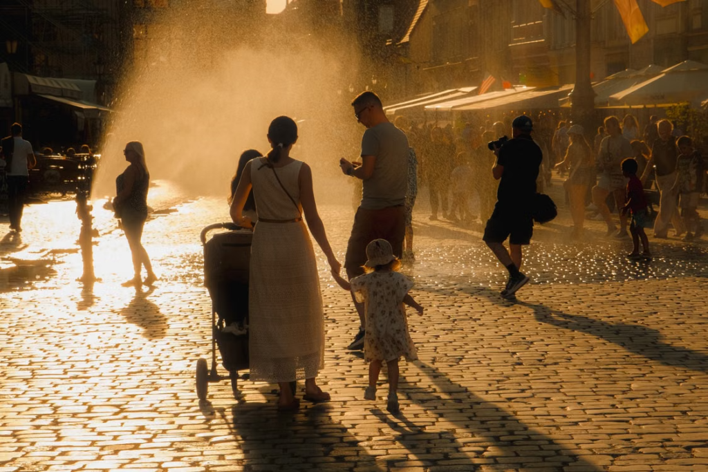 A woman holds a child's hand beside a pushchair as people walk through a sunlit fountain square