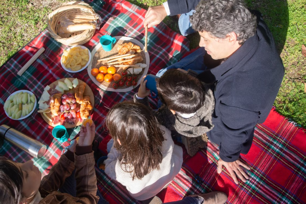 A family sits on a tartan blanket enjoying a picnic with fruit, bread and snacks in a sunny park