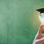Hand holding a light bulb shaped like a globe and topped with a graduation cap against a green background