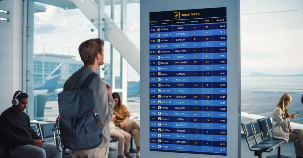 Traveller with a backpack checks a departures board in a modern airport terminal